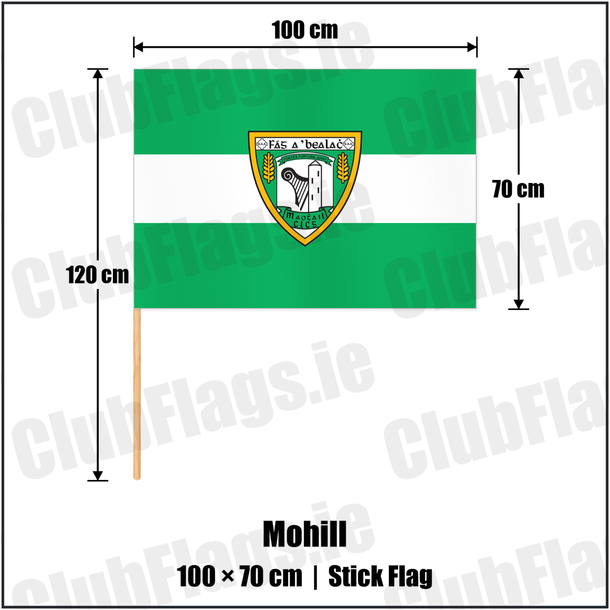 Mohill 70cm x 100cm Stick Flag with the club crest and colours, Leitrim GAA - ClubFlags.ie