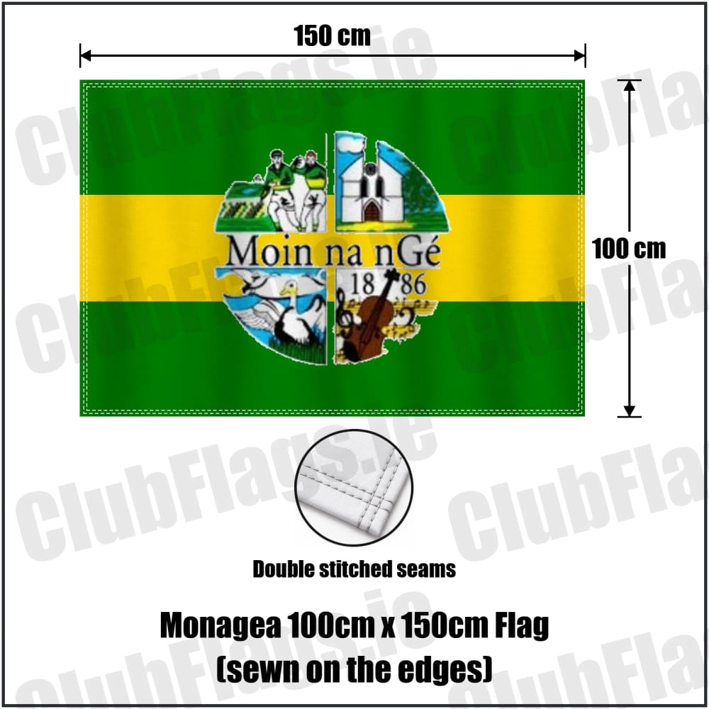 Monagea 100cm x 150cm Flag (sewn on the edges) in green and gold, featuring the club crest on realistic fabric with gentle vertical folds; County Limerick GAA. ClubFlags.ie.