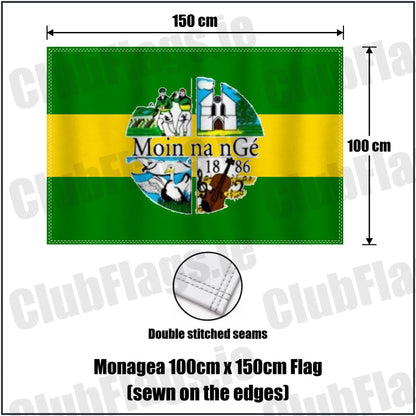 Monagea 100cm x 150cm Flag (sewn on the edges) in green and gold, featuring the club crest on realistic fabric with gentle vertical folds; County Limerick GAA. ClubFlags.ie.