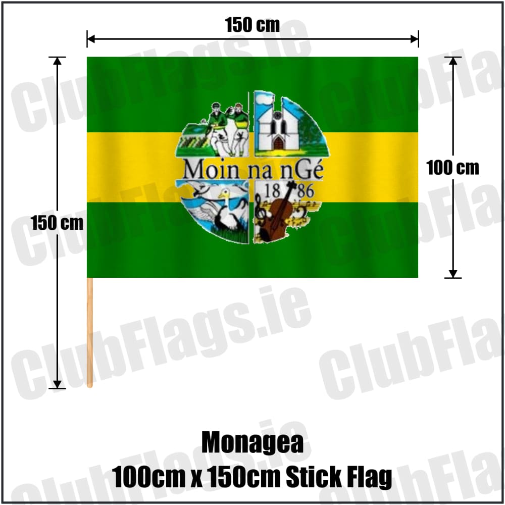 Monagea 100cm x 150cm Stick Flag in green and gold, featuring the club crest on realistic fabric with gentle vertical folds; County Limerick GAA. ClubFlags.ie.