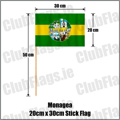 Monagea 20cm x 30cm Stick Flag in green and gold, featuring the club crest on realistic fabric with gentle vertical folds; County Limerick GAA. ClubFlags.ie.