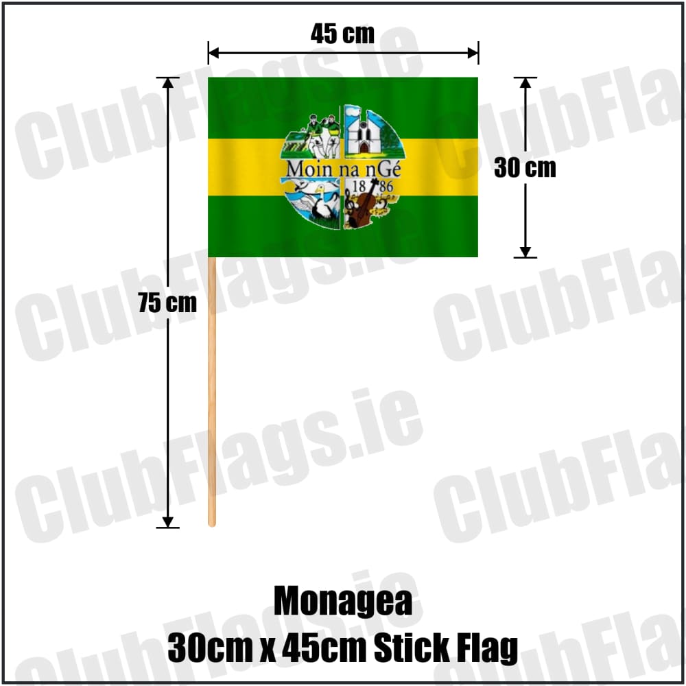 Monagea 30cm x 45cm Stick Flag in green and gold, featuring the club crest on realistic fabric with gentle vertical folds; County Limerick GAA. ClubFlags.ie.
