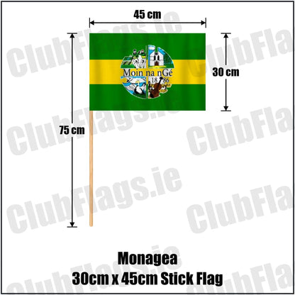 Monagea 30cm x 45cm Stick Flag in green and gold, featuring the club crest on realistic fabric with gentle vertical folds; County Limerick GAA. ClubFlags.ie.
