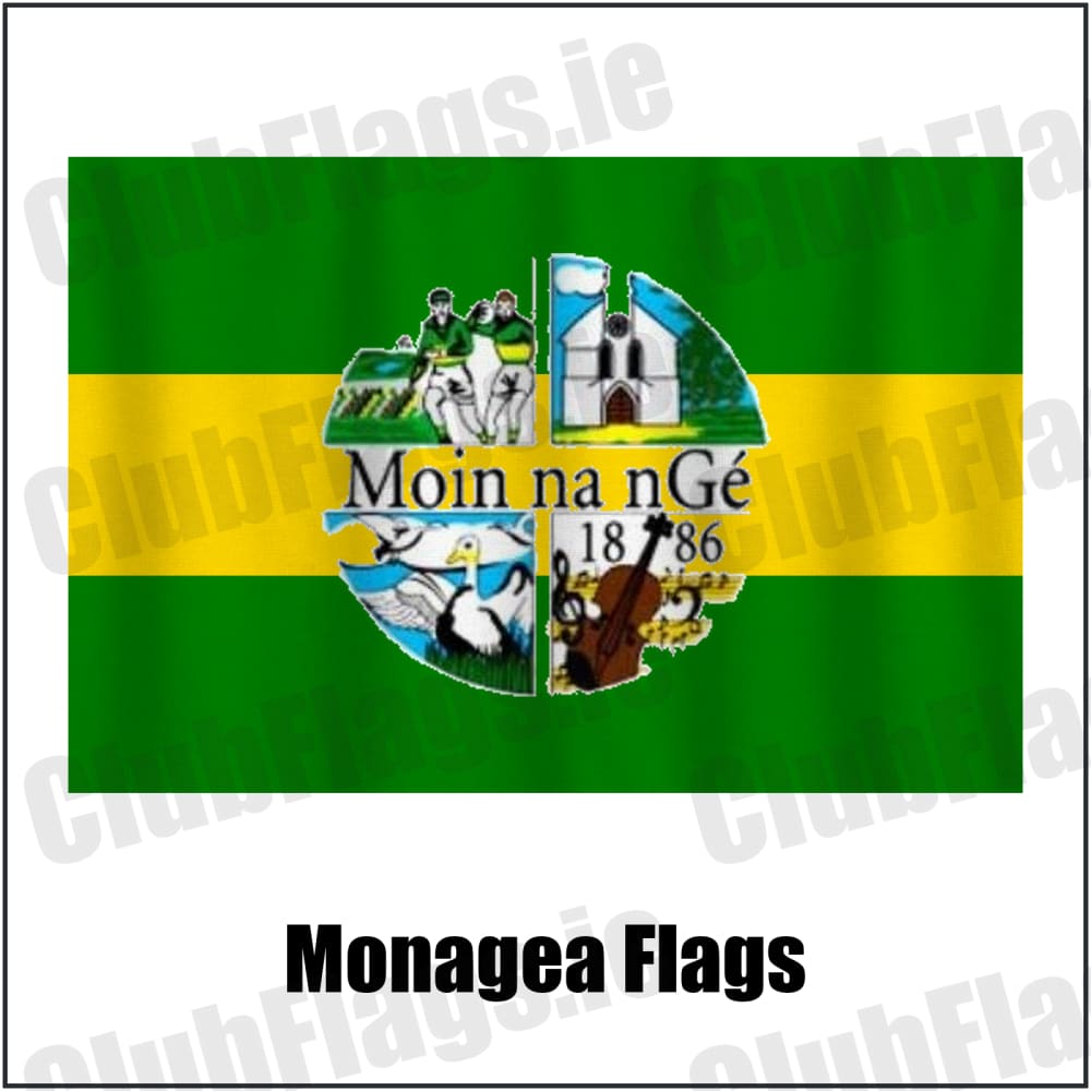 Monagea Flags in green and gold, featuring the club crest on realistic fabric with gentle vertical folds; County Limerick GAA. ClubFlags.ie.