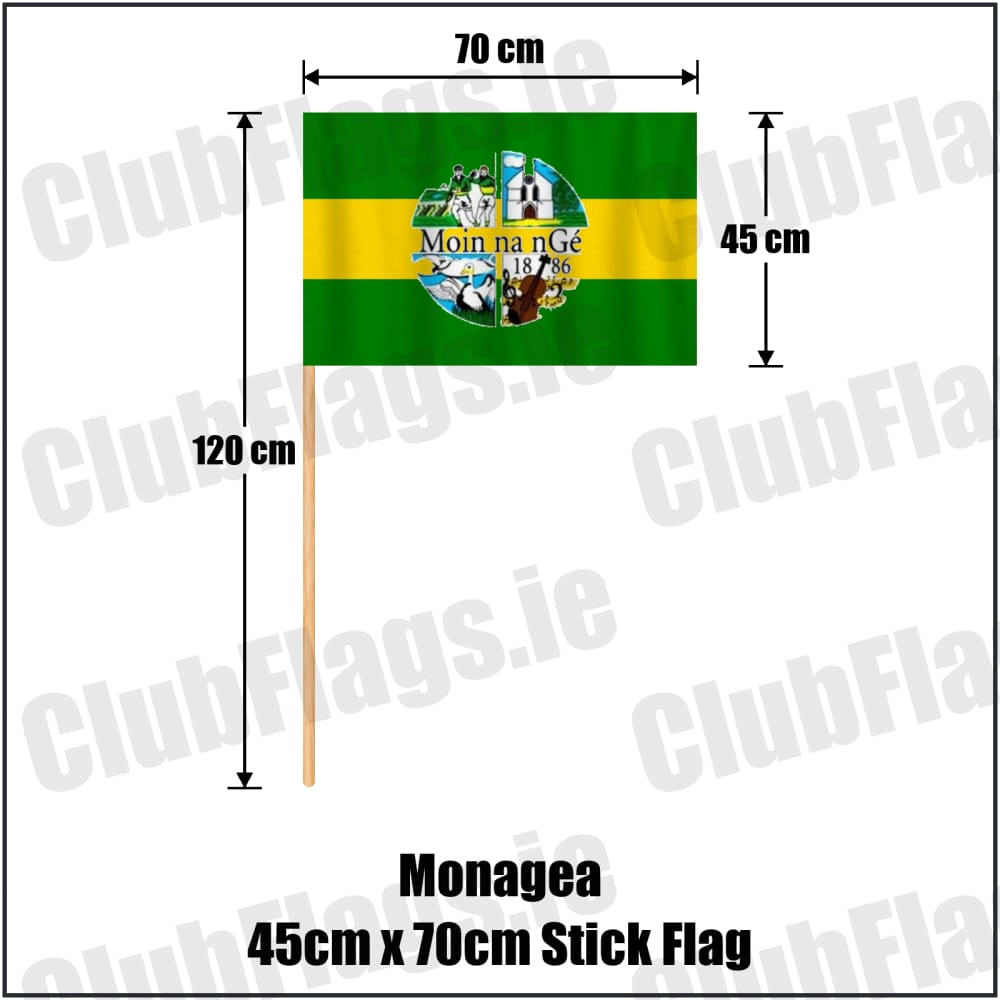 Monagea 45cm x 70cm Stick Flag in green and gold, featuring the club crest on realistic fabric with gentle vertical folds; County Limerick GAA. ClubFlags.ie.