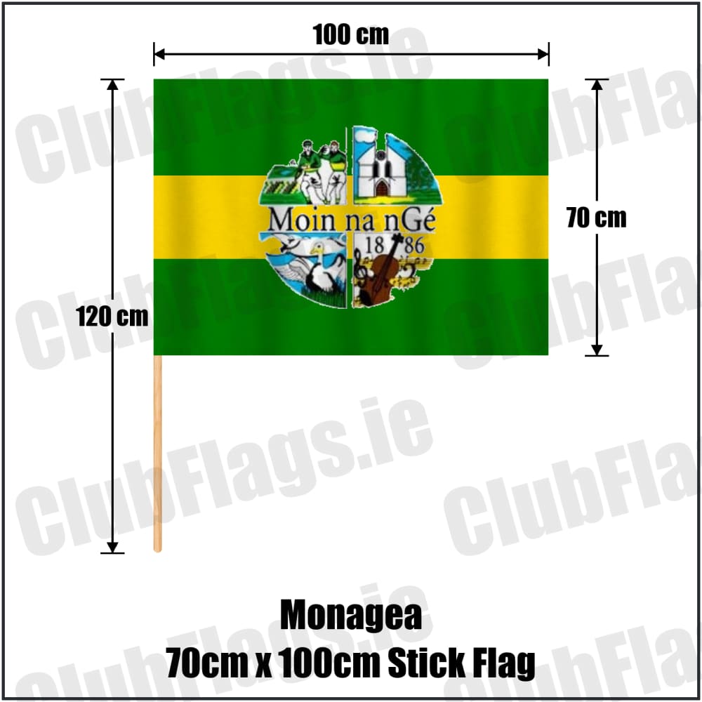 Monagea 70cm x 100cm Stick Flag in green and gold, featuring the club crest on realistic fabric with gentle vertical folds; County Limerick GAA. ClubFlags.ie.