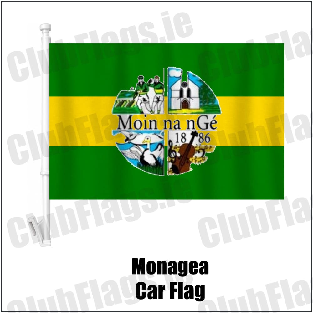 Monagea Car Flag in green and gold, featuring the club crest on realistic fabric with gentle vertical folds; County Limerick GAA. ClubFlags.ie.