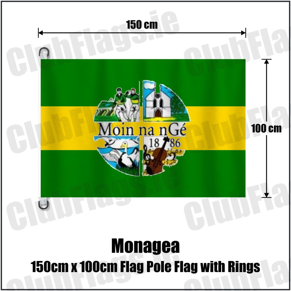 Monagea 150cm x 100cm Flag Pole Flag with Rings in green and gold, featuring the club crest on realistic fabric with gentle vertical folds; County Limerick GAA. ClubFlags.ie.