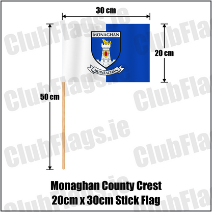 Monaghan county crest 20 × 30 cm stick flag in white and blue, with a 50 cm wooden stick and dimension arrows.