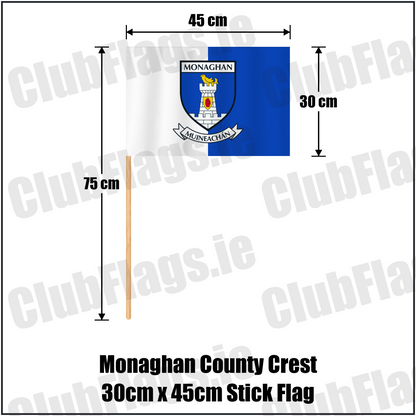 Monaghan county crest 30 × 45 cm stick flag in white and blue, with a 75 cm wooden stick and dimension arrows.