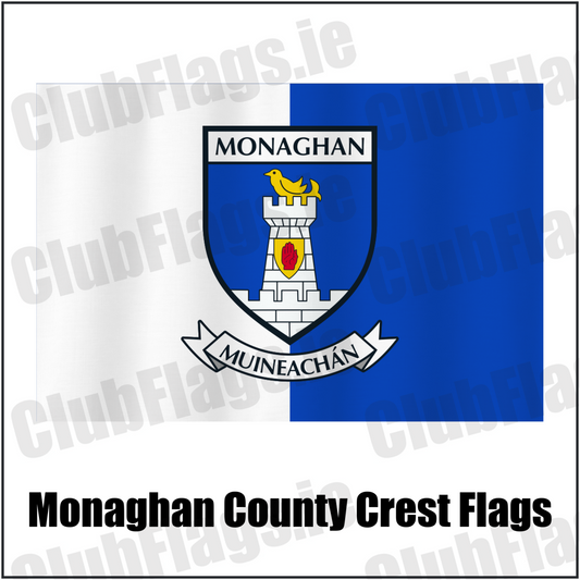 Monaghan county crest flag in white and blue, with county name and crest.