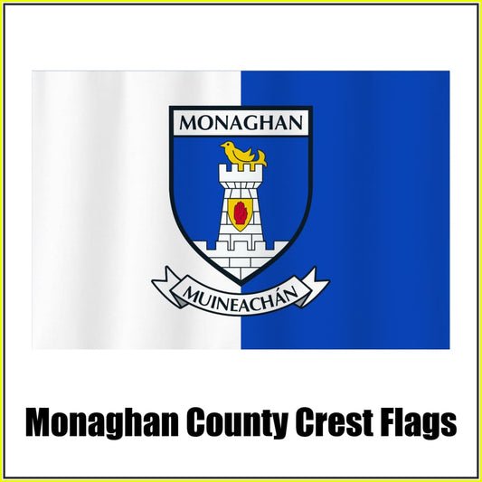 Monaghan county crest flag in white and blue, with county name and crest.