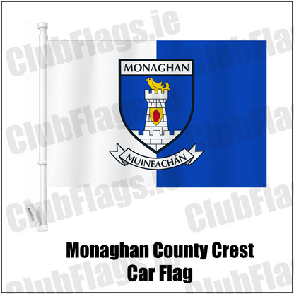 Monaghan county crest car flag in white and blue, on a white plastic window mount.