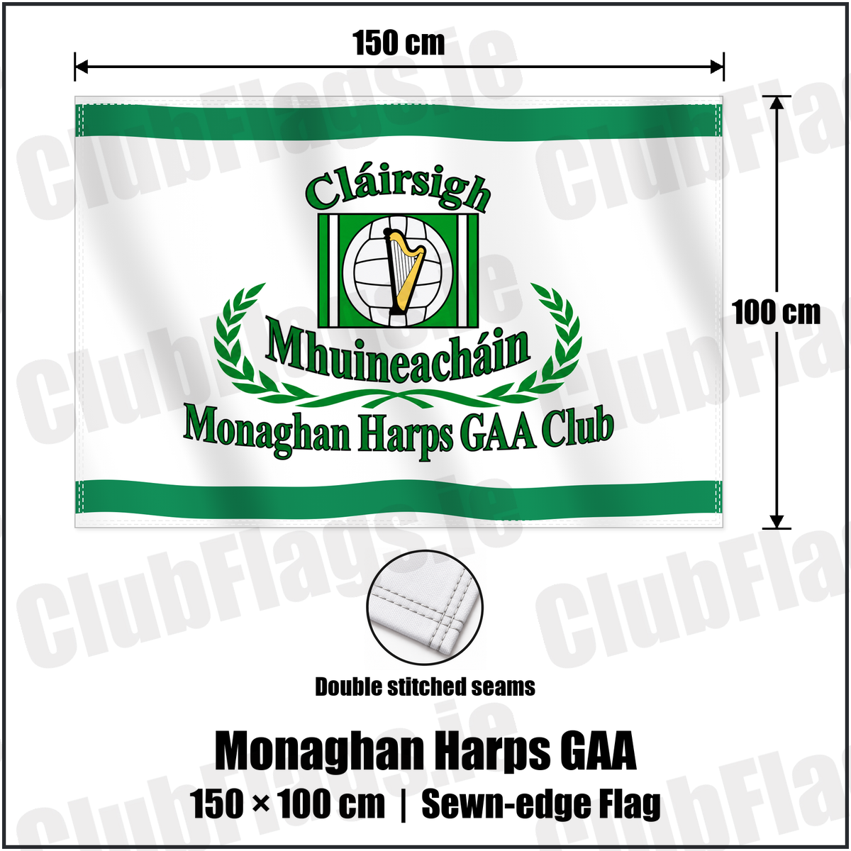 Monaghan Harps GAA 100cm x 150cm Flag (sewn on the edges) with the club crest and colours, Monaghan GAA - ClubFlags.ie