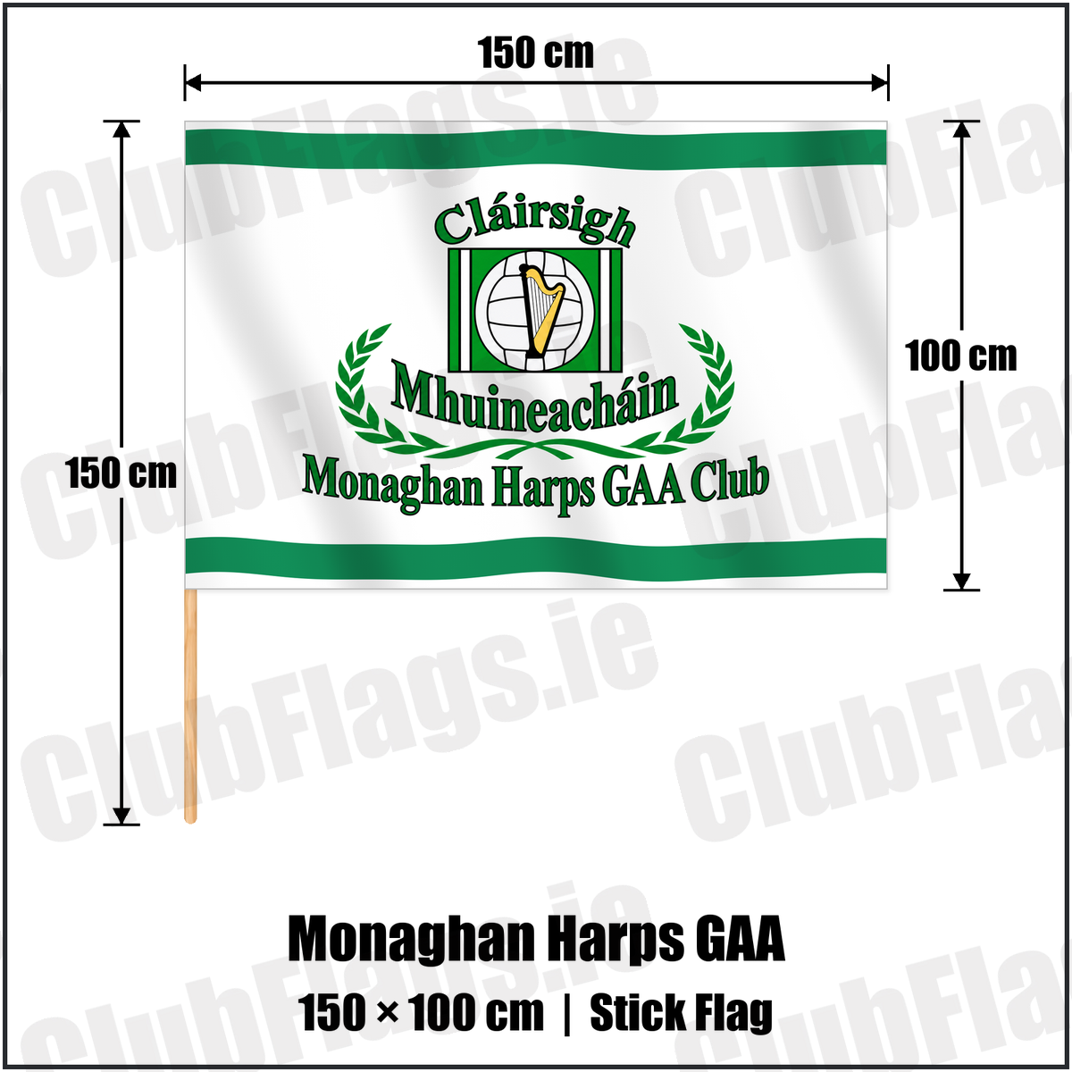 Monaghan Harps GAA 100cm x 150cm Stick Flag with the club crest and colours, Monaghan GAA - ClubFlags.ie