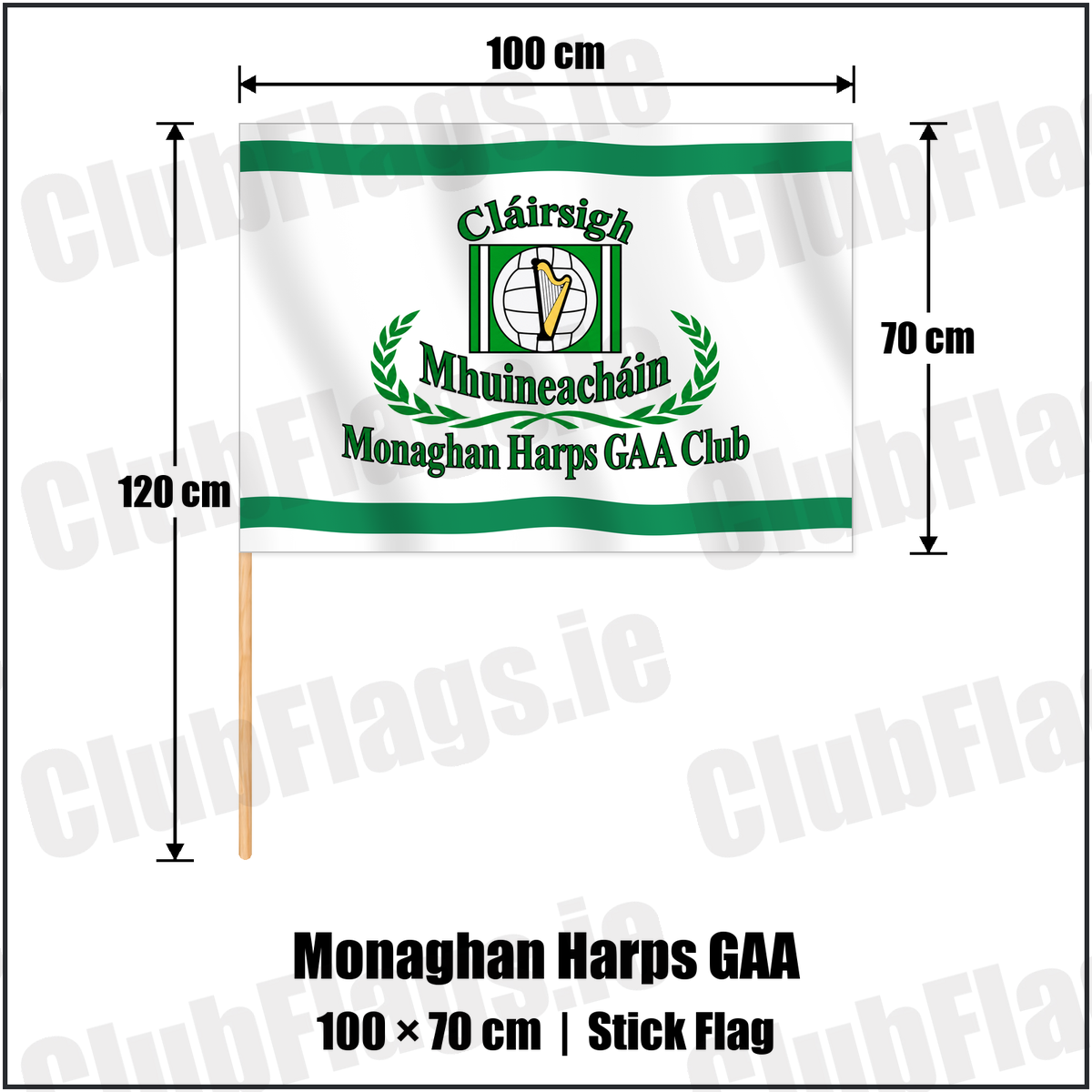 Monaghan Harps GAA 70cm x 100cm Stick Flag with the club crest and colours, Monaghan GAA - ClubFlags.ie
