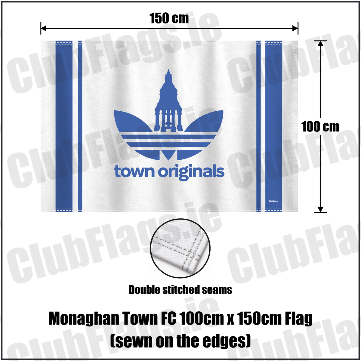 Monaghan Town FC 100cm x 150cm Flag (sewn on the edges), featuring the supplied town originals design and blue and white colours; County Monaghan football club flag. ClubFlags.ie.