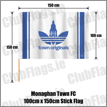 Monaghan Town FC 100cm x 150cm Stick Flag, featuring the supplied town originals design and blue and white colours; County Monaghan football club flag. ClubFlags.ie.