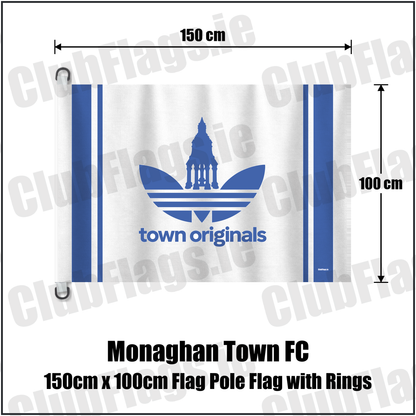Monaghan Town FC 150cm x 100cm Flag Pole Flag with Rings, featuring the supplied town originals design and blue and white colours; County Monaghan football club flag. ClubFlags.ie.