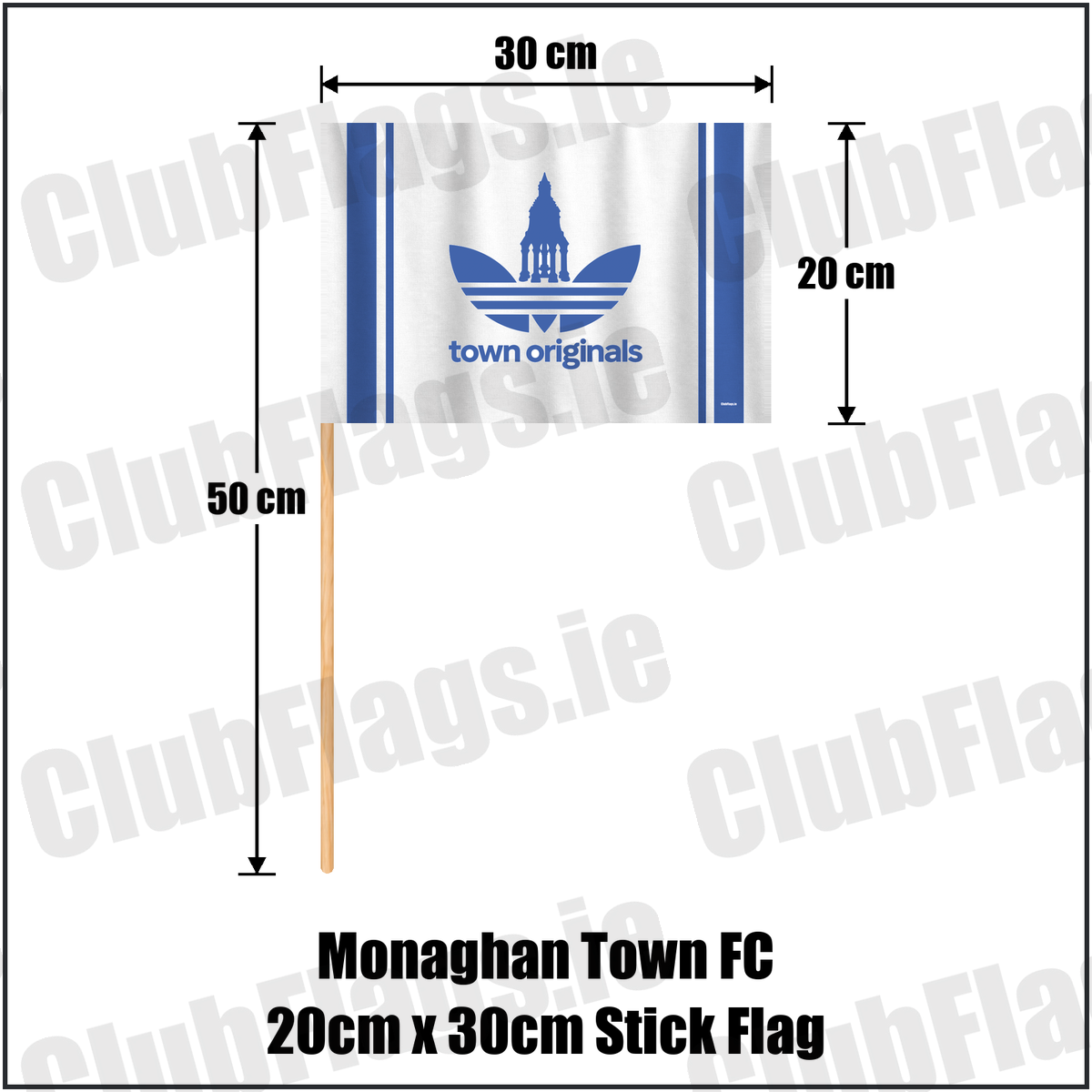 Monaghan Town FC 20cm x 30cm Stick Flag, featuring the supplied town originals design and blue and white colours; County Monaghan football club flag. ClubFlags.ie.