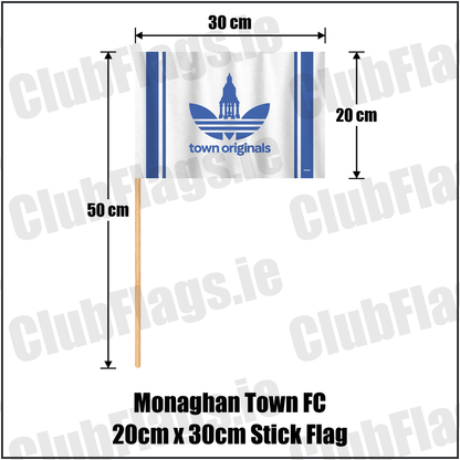 Monaghan Town FC 20cm x 30cm Stick Flag, featuring the supplied town originals design and blue and white colours; County Monaghan football club flag. ClubFlags.ie.
