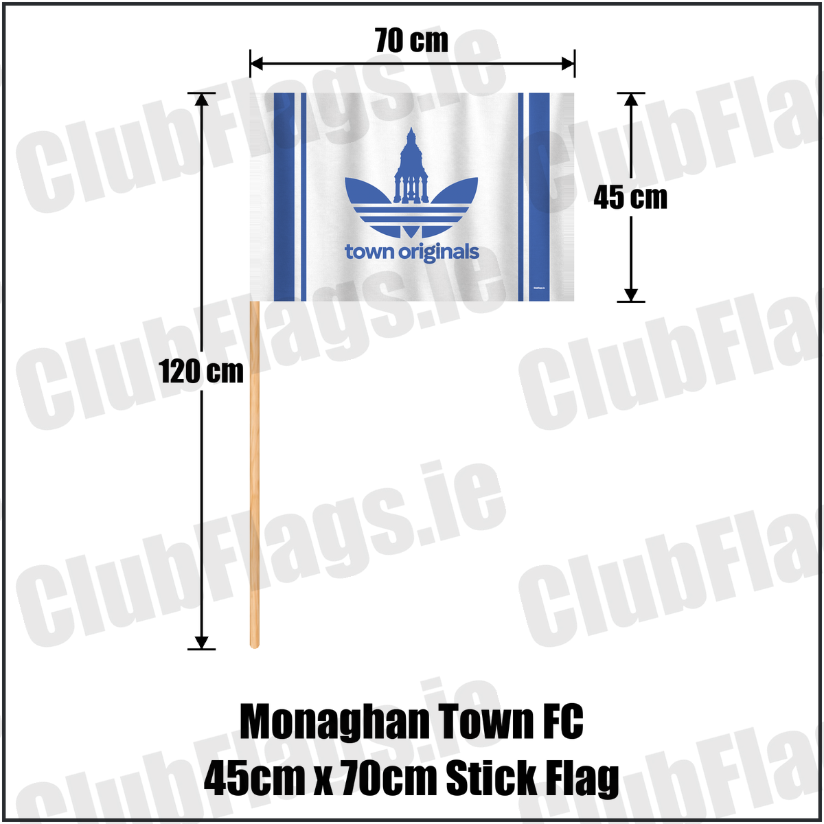 Monaghan Town FC 45cm x 70cm Stick Flag, featuring the supplied town originals design and blue and white colours; County Monaghan football club flag. ClubFlags.ie.