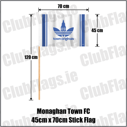 Monaghan Town FC 45cm x 70cm Stick Flag, featuring the supplied town originals design and blue and white colours; County Monaghan football club flag. ClubFlags.ie.