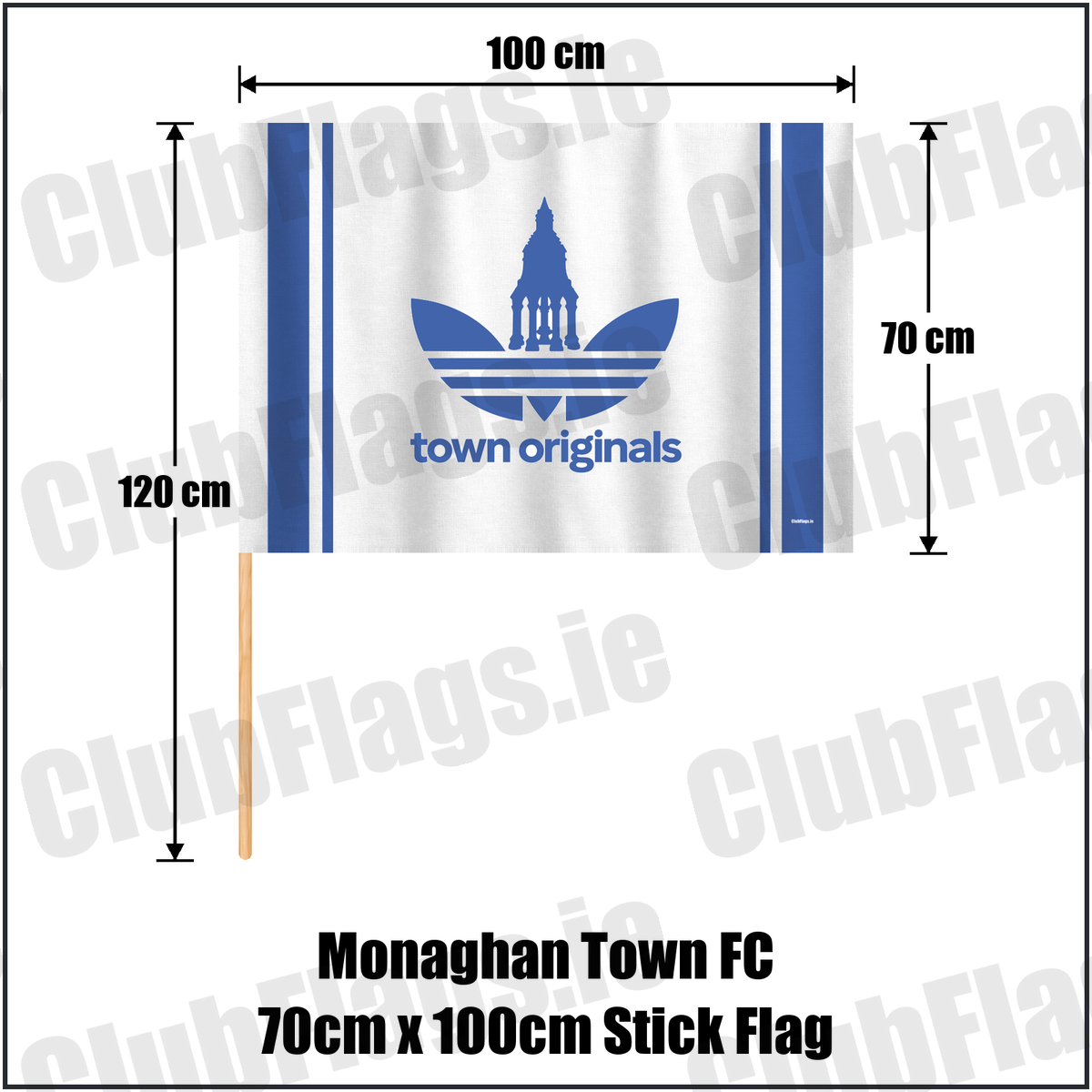 Monaghan Town FC 70cm x 100cm Stick Flag, featuring the supplied town originals design and blue and white colours; County Monaghan football club flag. ClubFlags.ie.