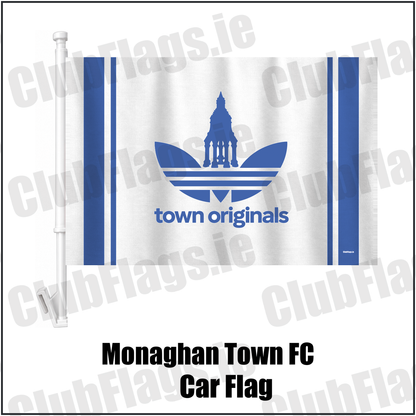Monaghan Town FC Car Flag, featuring the supplied town originals design and blue and white colours; County Monaghan football club flag. ClubFlags.ie.