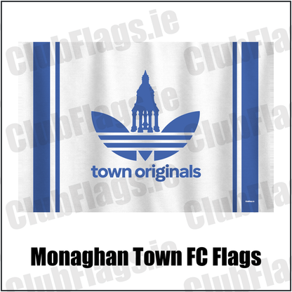 Monaghan Town FC Flags, featuring the supplied town originals design and blue and white colours; County Monaghan football club flag. ClubFlags.ie.