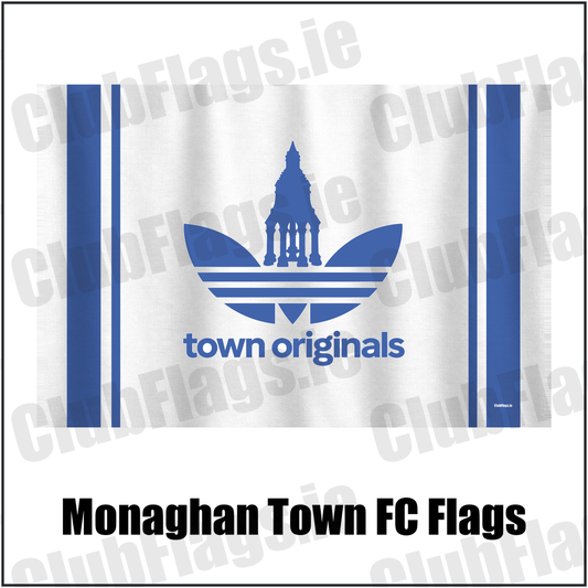 Monaghan Town FC Flags, featuring the supplied town originals design and blue and white colours; County Monaghan football club flag. ClubFlags.ie.