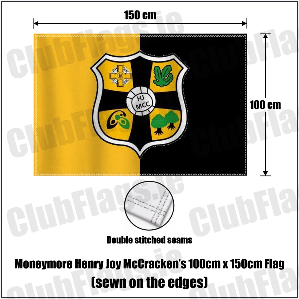 Moneymore Henry Joy McCracken’s 100cm x 150cm Flag (sewn on the edges) in amber and black, featuring the club crest on realistic fabric with gentle vertical folds; County Derry GAA. ClubFlags.ie.