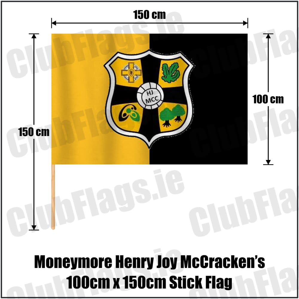 Moneymore Henry Joy McCracken’s 100cm x 150cm Stick Flag in amber and black, featuring the club crest on realistic fabric with gentle vertical folds; County Derry GAA. ClubFlags.ie.