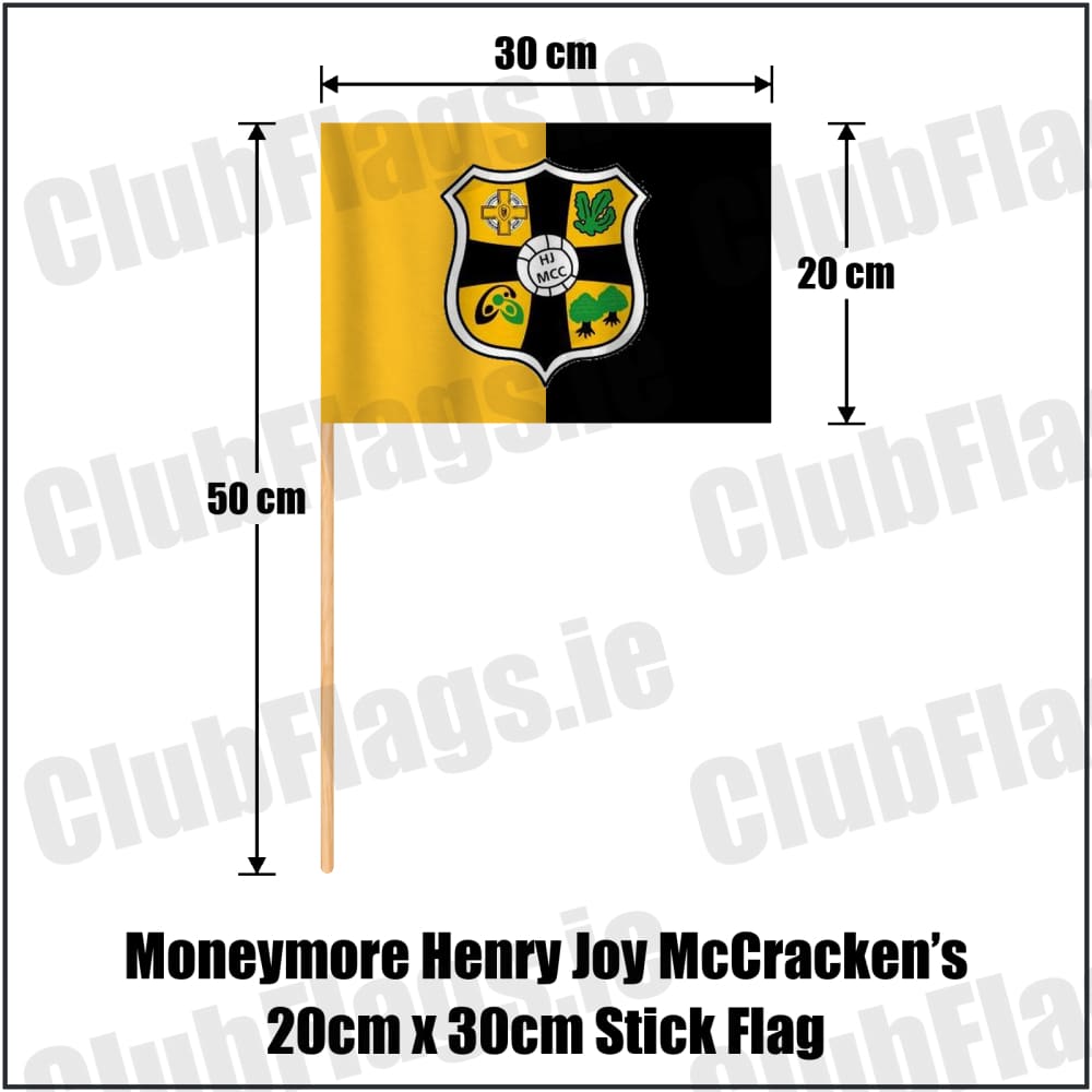 Moneymore Henry Joy McCracken’s 20cm x 30cm Stick Flag in amber and black, featuring the club crest on realistic fabric with gentle vertical folds; County Derry GAA. ClubFlags.ie.
