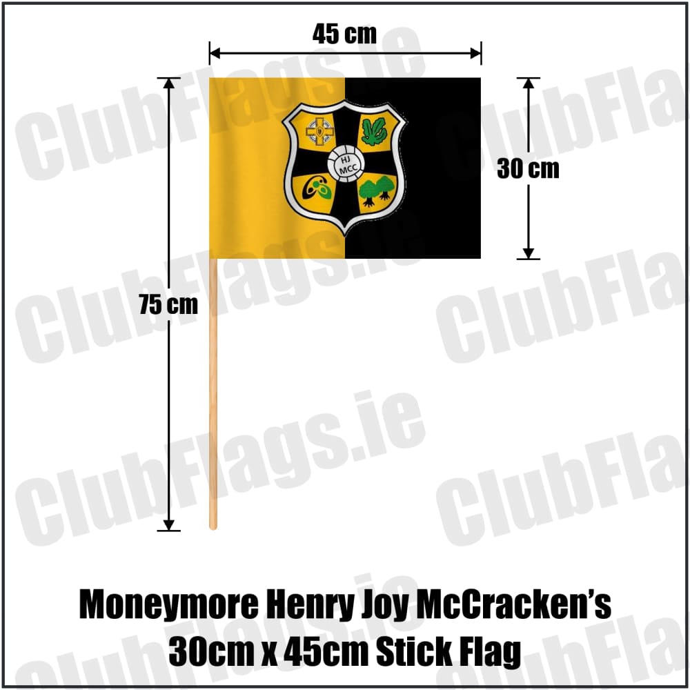 Moneymore Henry Joy McCracken’s 30cm x 45cm Stick Flag in amber and black, featuring the club crest on realistic fabric with gentle vertical folds; County Derry GAA. ClubFlags.ie.