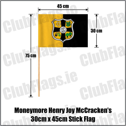 Moneymore Henry Joy McCracken’s 30cm x 45cm Stick Flag in amber and black, featuring the club crest on realistic fabric with gentle vertical folds; County Derry GAA. ClubFlags.ie.