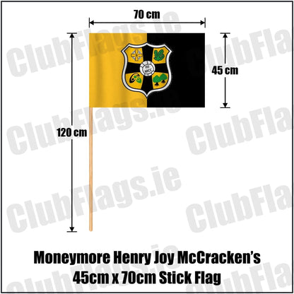Moneymore Henry Joy McCracken’s 45cm x 70cm Stick Flag in amber and black, featuring the club crest on realistic fabric with gentle vertical folds; County Derry GAA. ClubFlags.ie.