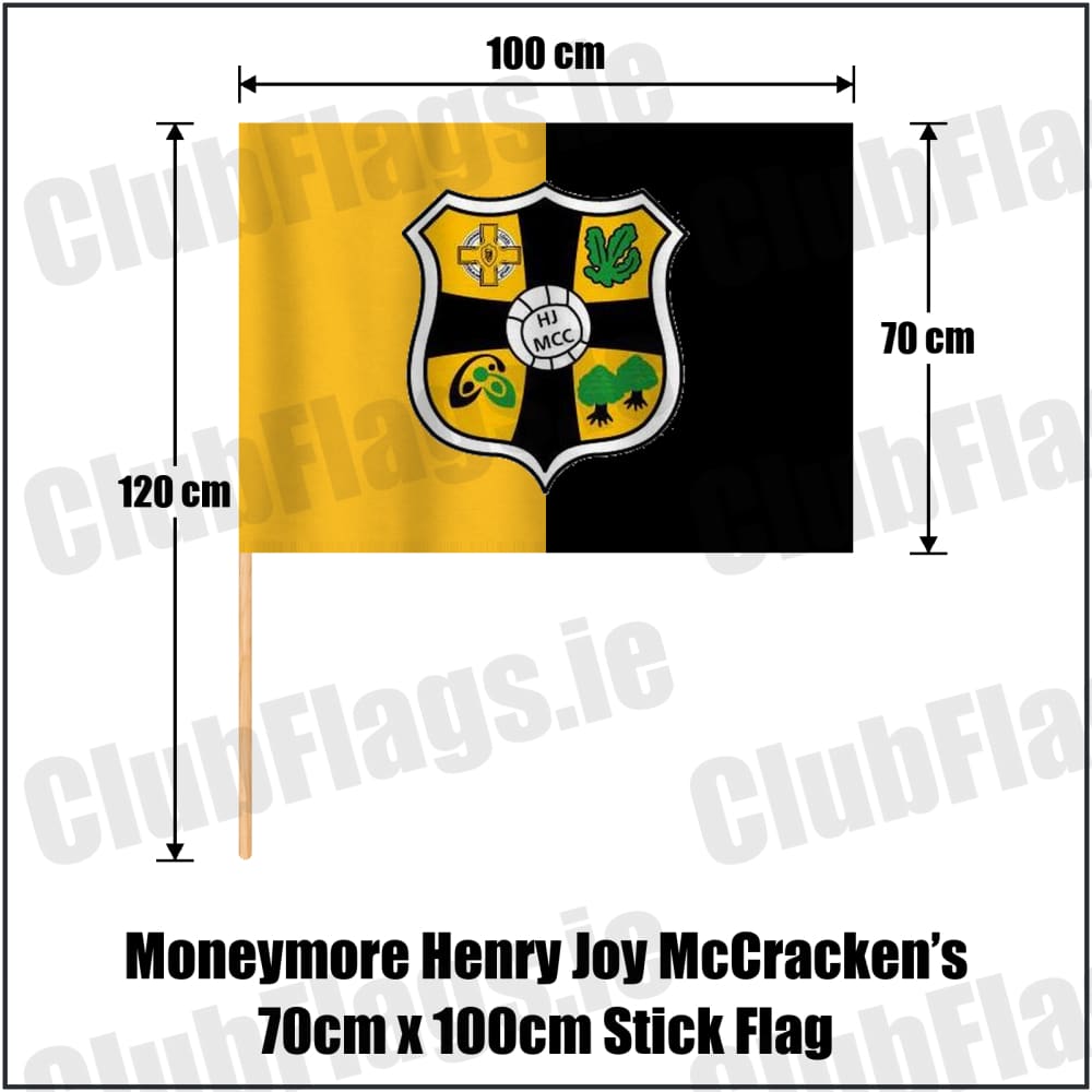 Moneymore Henry Joy McCracken’s 70cm x 100cm Stick Flag in amber and black, featuring the club crest on realistic fabric with gentle vertical folds; County Derry GAA. ClubFlags.ie.