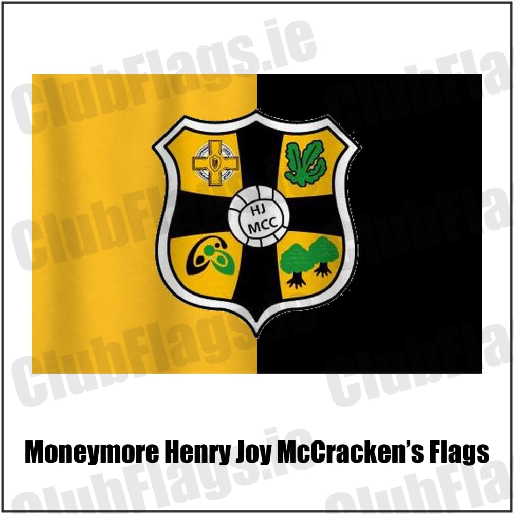 Moneymore Henry Joy McCracken’s Flags in amber and black, featuring the club crest on realistic fabric with gentle vertical folds; County Derry GAA. ClubFlags.ie.