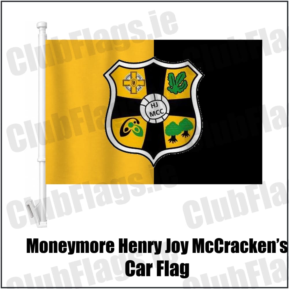 Moneymore Henry Joy McCracken’s Car Flag in amber and black, featuring the club crest on realistic fabric with gentle vertical folds; County Derry GAA. ClubFlags.ie.