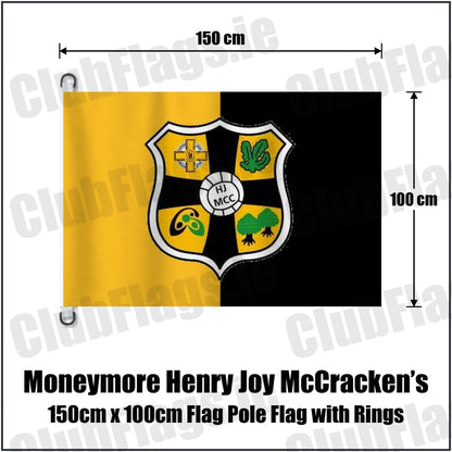 Moneymore Henry Joy McCracken’s 150cm x 100cm Flag Pole Flag with Rings in amber and black, featuring the club crest on realistic fabric with gentle vertical folds; County Derry GAA. ClubFlags.ie.