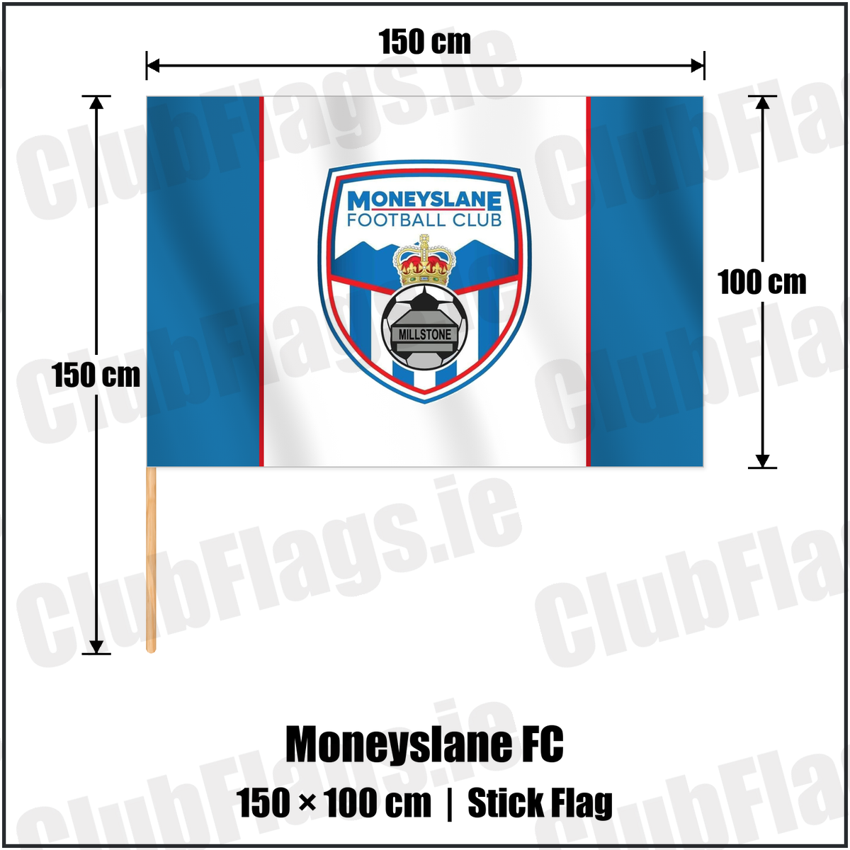 Moneyslane FC 100cm x 150cm Stick Flag with the club crest and colours, Down Football - ClubFlags.ie