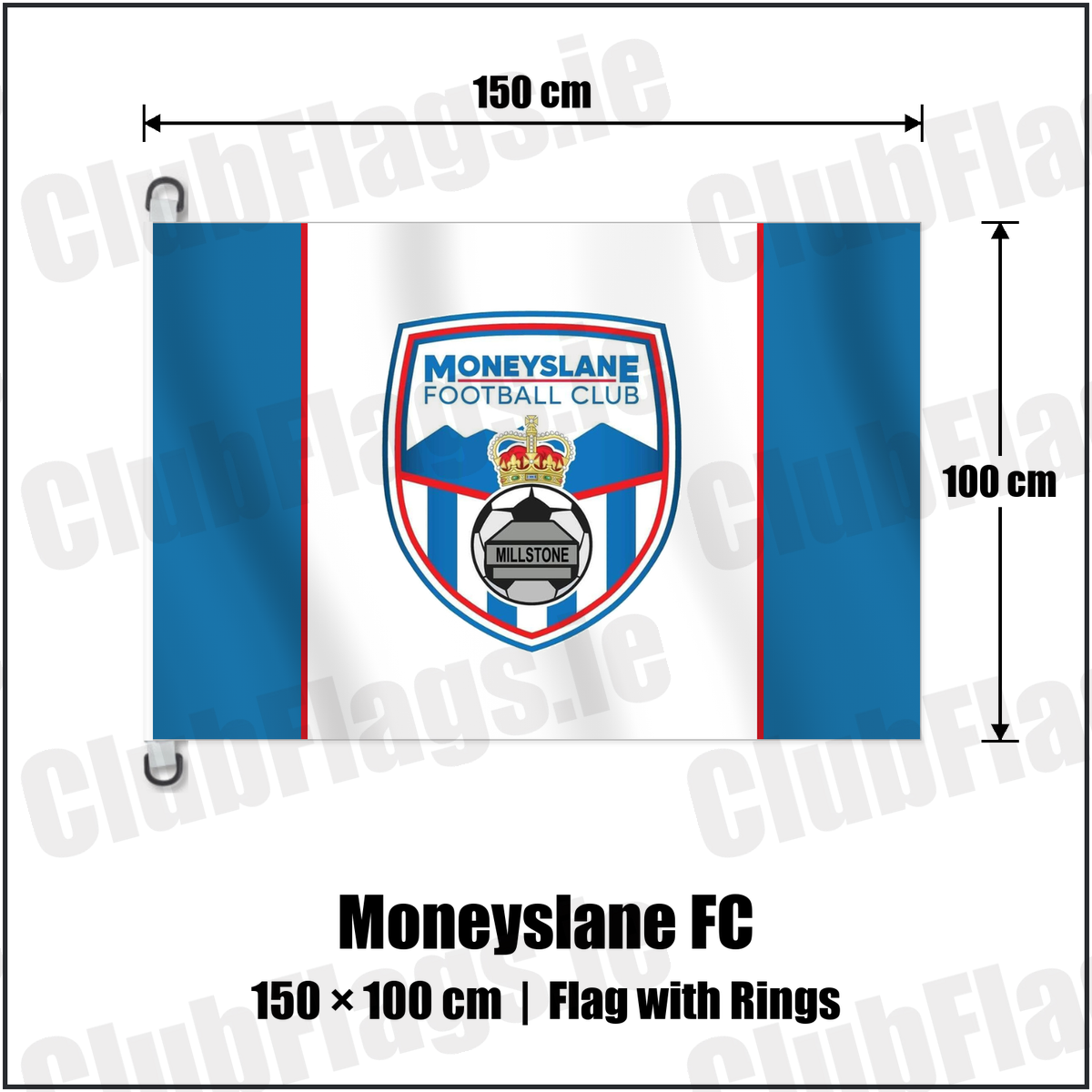 Moneyslane FC 150cm x 100cm Flag Pole Flag with Rings with the club crest and colours, Down Football - ClubFlags.ie