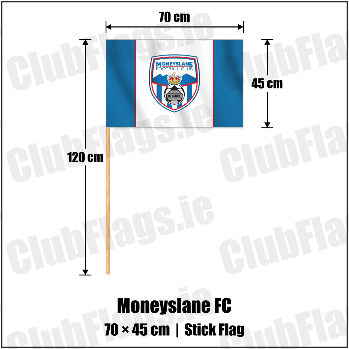 Moneyslane FC 45cm x 70cm Stick Flag with the club crest and colours, Down Football - ClubFlags.ie