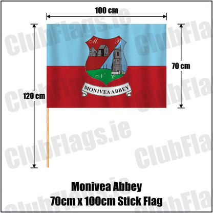 Monivea Abbey 70cm x 100cm Stick Flag in sky blue and red, featuring the club crest on realistic fabric with gentle vertical folds; County Galway GAA. ClubFlags.ie.