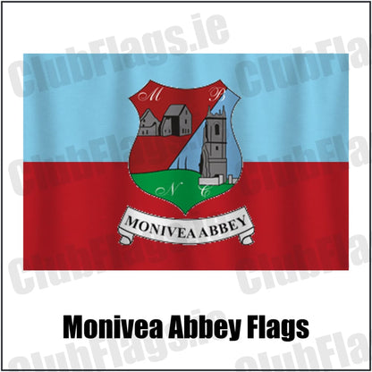 Monivea Abbey Flags in sky blue and red, featuring the club crest on realistic fabric with gentle vertical folds; County Galway GAA. ClubFlags.ie.
