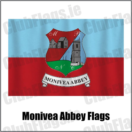Monivea Abbey Flags in sky blue and red, featuring the club crest on realistic fabric with gentle vertical folds; County Galway GAA. ClubFlags.ie.