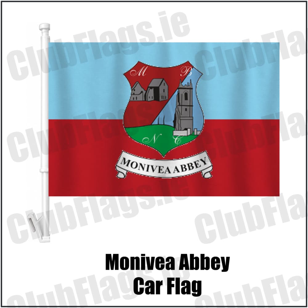 Monivea Abbey Car Flag in sky blue and red, featuring the club crest on realistic fabric with gentle vertical folds; County Galway GAA. ClubFlags.ie.