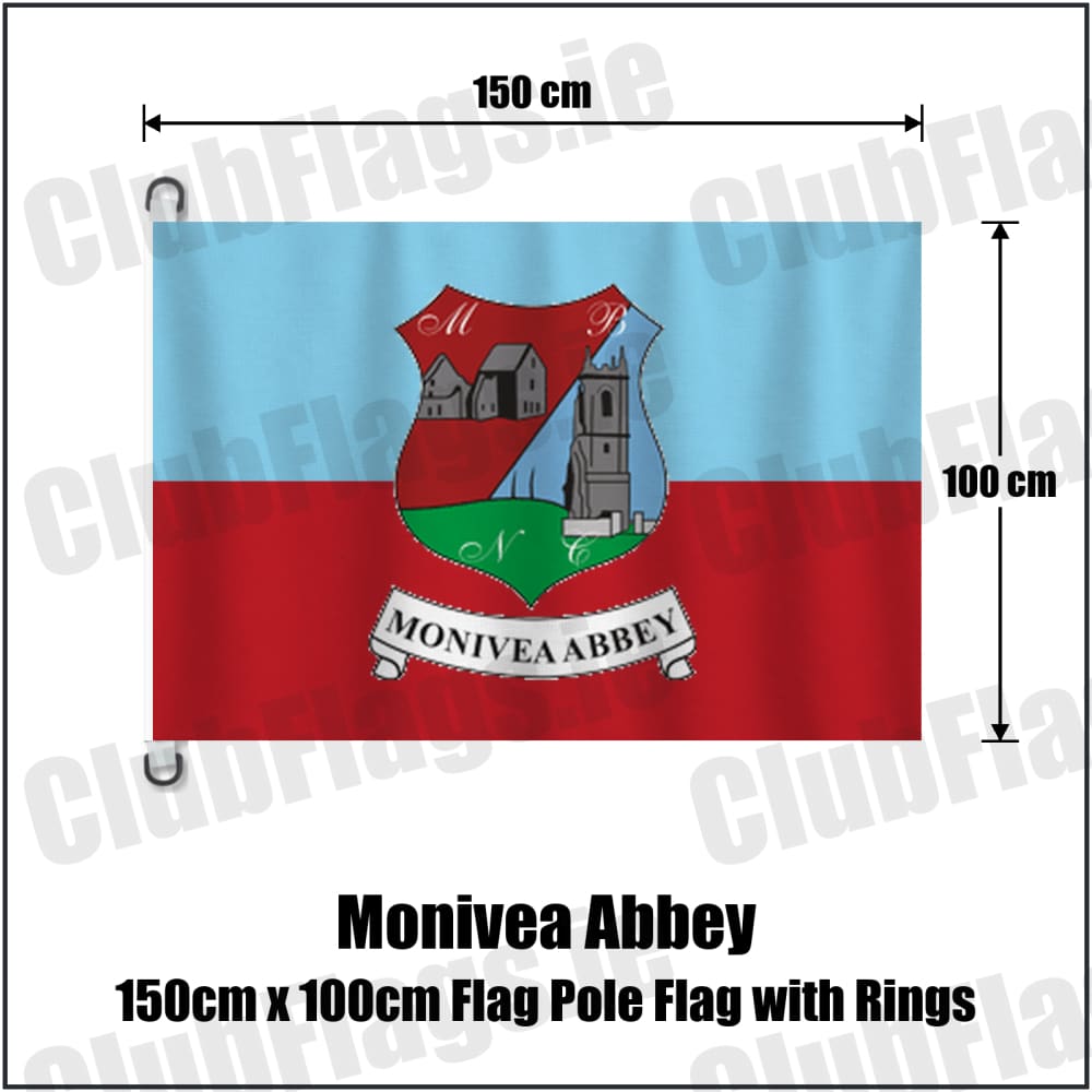 Monivea Abbey 150cm x 100cm Flag Pole Flag with Rings in sky blue and red, featuring the club crest on realistic fabric with gentle vertical folds; County Galway GAA. ClubFlags.ie.