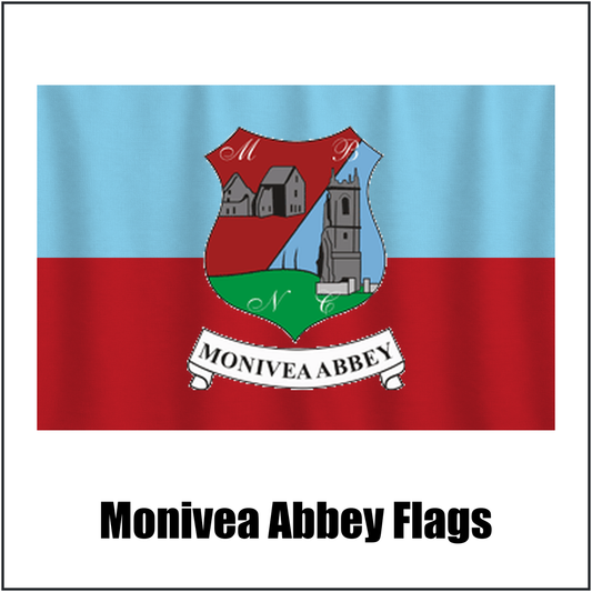 Monivea Abbey Flags, featuring the club crest and sky blue and red colours; County Galway GAA. ClubFlags.ie.